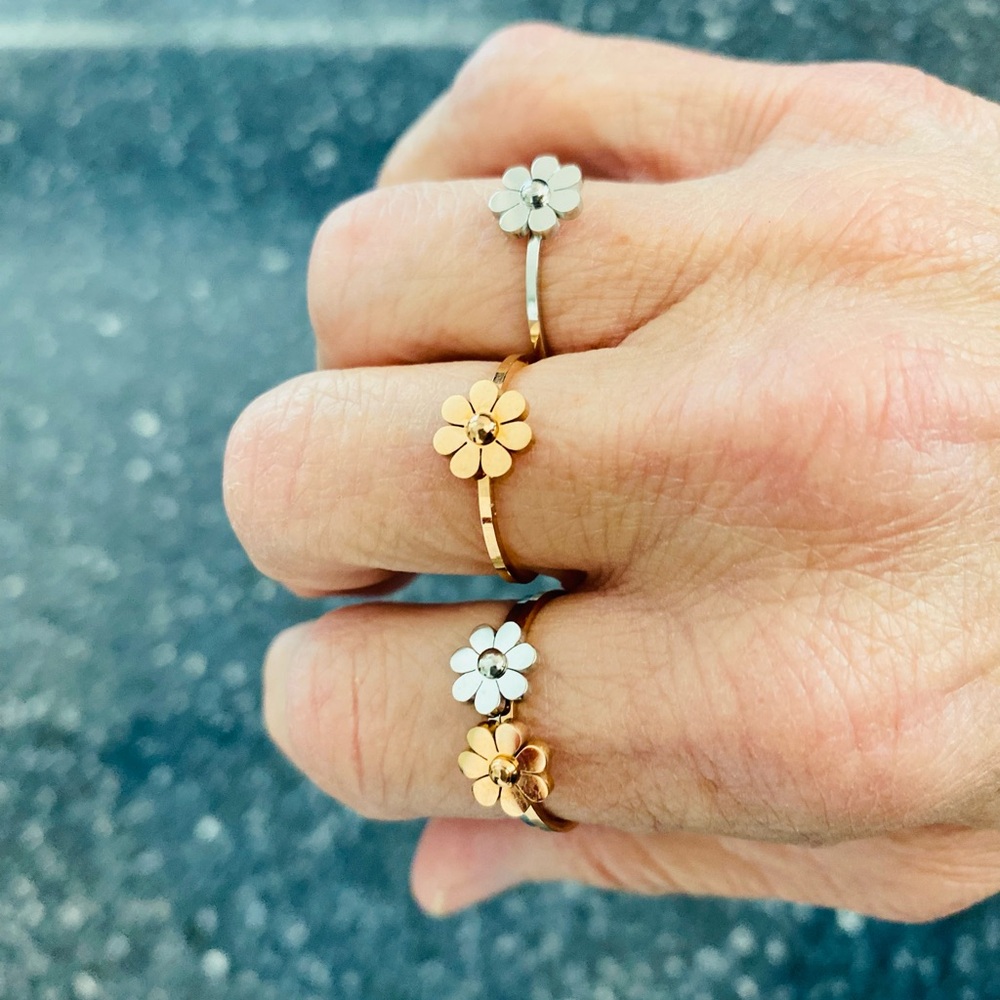 Dainty Floral Stackable Rings in Gold and Silver